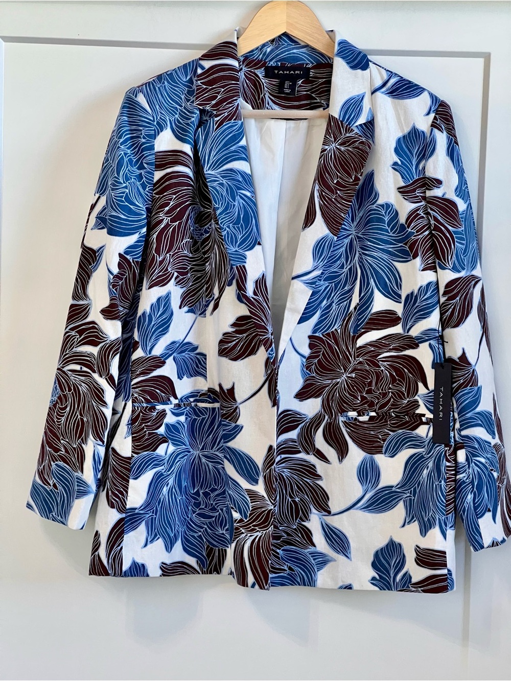 Tahari Linen Blend Floral Open Front Blazer Jacket Blue Brown coastal  preppy L